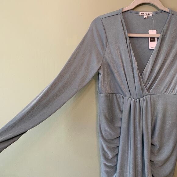 Bump Biddy Dress Maternity M Blue-Gray Drape Jersey Maxi V-Neck Long Sleeves New - Picture 6 of 11